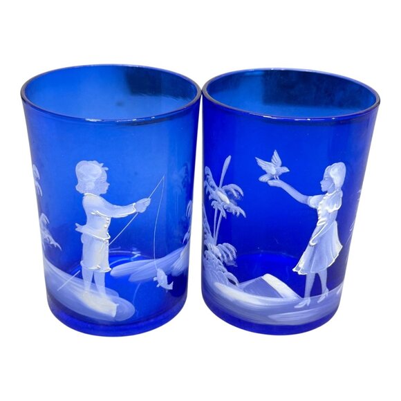 Fenton Mary Gregory Vintage Cobalt Blue Glass Tumblers Etched Boy & Girl Scene - Picture 1 of 6
